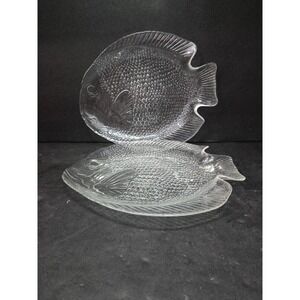 Arcoroc Clear Fish Dinner Plates, Embossed Set of 2, Pressed Glass, Tableware